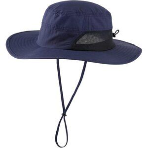 Unisex Blue 100% Polyester Wide Brim Mesh With Chin Strap Classic Hiking Sun Hat